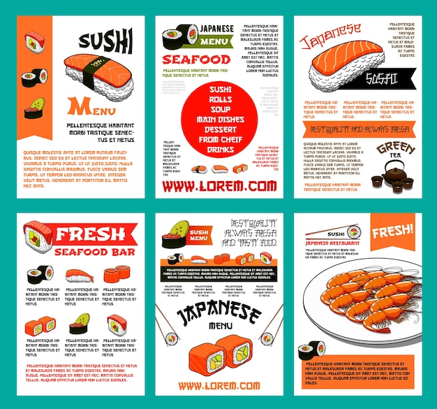 Набор шаблонов меню суши для дизайна японской кухни