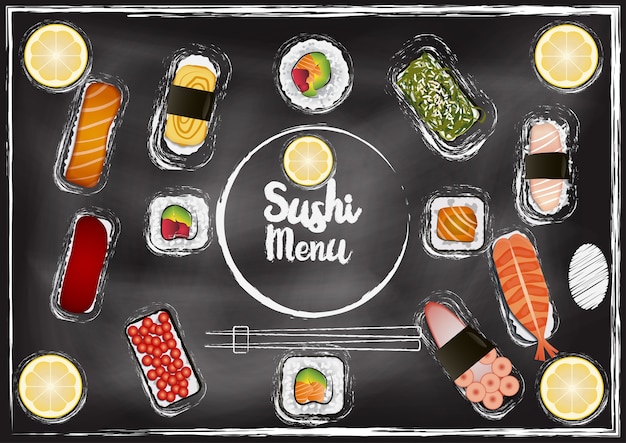 Vector sushi menu with chalkboard background