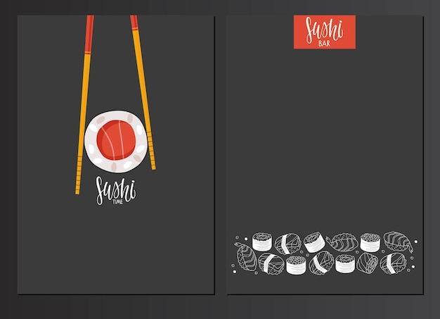 Vector sushi menusjabloon met sushi doodle schets, kalligrafie belettering label. twee kanten