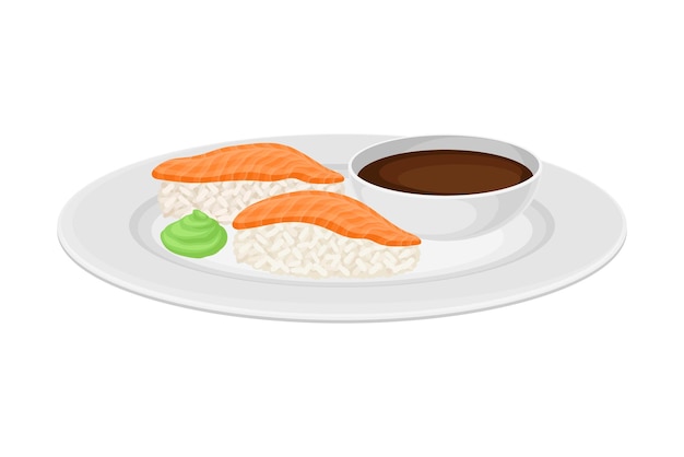 Sushi met rauwe zalm en soja saus geserveerd op bord vector illustratie