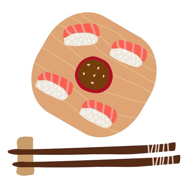 Sushi met zalm en nori op plaat en eetstokjes vectorillustratie. Aziatisch eten, Aziatisch eten