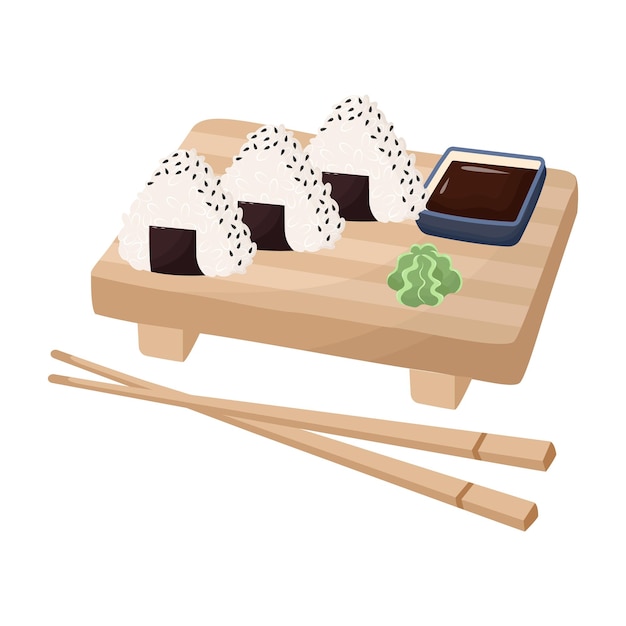 Sushi onigiri set with soy souse and wasabi. Asian food flat vector. Delivery food.