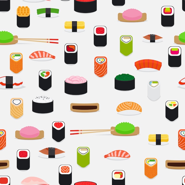 Sushi pattern with colorful flat elements on white