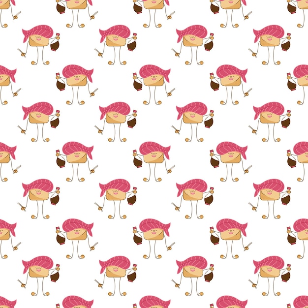 Суши pattern3 Бесшовный узор с симпатичным персонажем суши Мультипликационная векторная иллюстрация