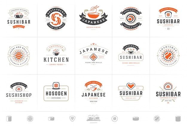 Il logos e i distintivi del ristorante di sushi hanno messo l'alimento giapponese con l'illustrazione di vettore dei rotoli del salmone dei sushi