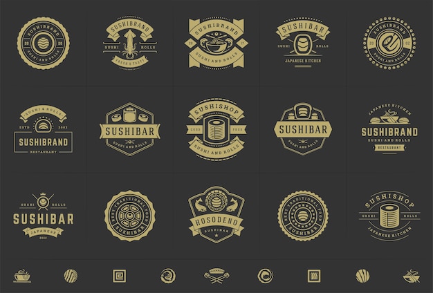 Vector sushi restaurant logos and badges set