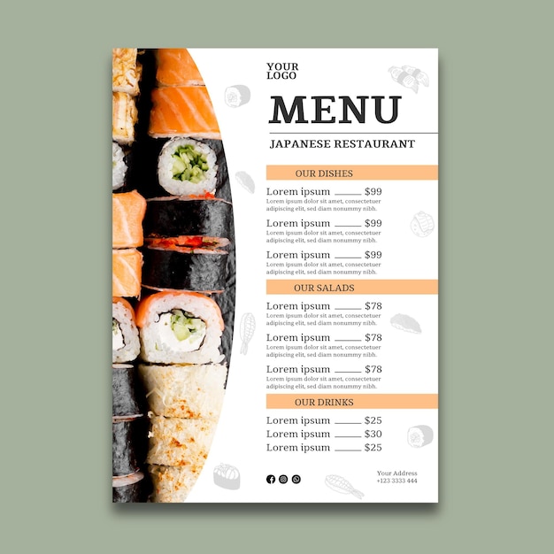 Modello di menu del ristorante di sushi