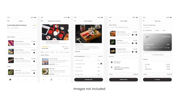 Vector sushi restaurant, take away en delivery app ui kit template