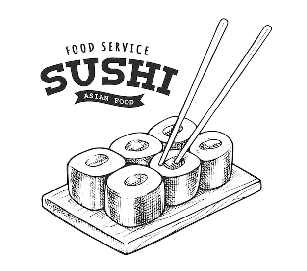 Emblema retrò di sushi. modello di logo con lettere in bianco e nero e schizzo di sushi. illustrazione vettoriale eps10.