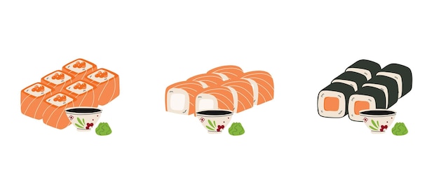 시 롤, 일본 해산물, 연어, 카비아르, 전통 아시아 요리, 와사비, 콩 소스, 맛있는 일본 요리, 터 만화, 평면 스타일, 고립된 일러스트레이션