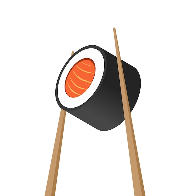 Вектор Суши-ролл маки с лососем и палочками для еды, изолированные на белой свежей вкусной азиатской или японской еде