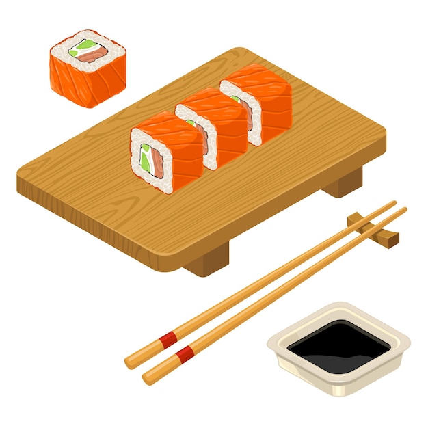 Sushi roll philadelphia met vis roomkaas eetstokjes sojasaus in kom houten serveerplank