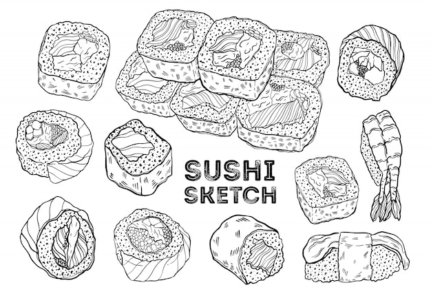 Sushi roll sketch set. hand drawing  japanese cuisine.