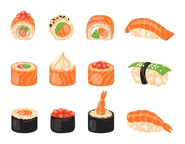 Rotolo di sushi e set di sushi, cibo giapponese, illustrazione vettoriale.