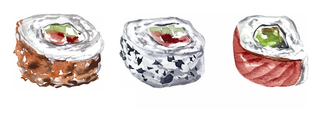 Sushi roll watercolor illustration asian japanese food lunch menu