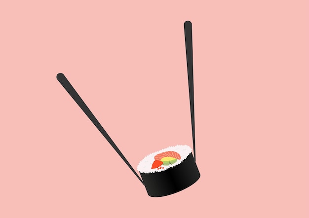 Sushi roll with black chopsticks on pink background.