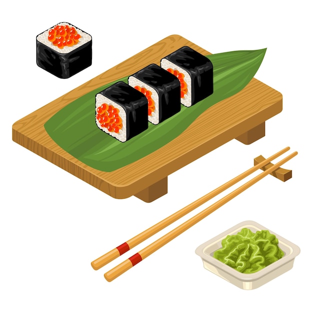 Sushi roll with caviar chopsticks wasabi in bowl and wood board vector flat color icon