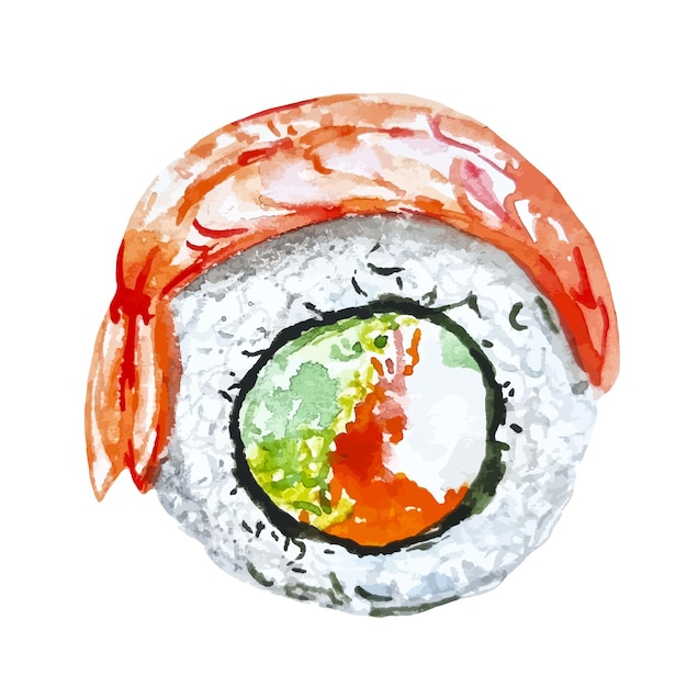 Вектор Суши-ролл с креветками и сливочным сыром акварелью, нарисованной вручную изолированной иллюстрацией