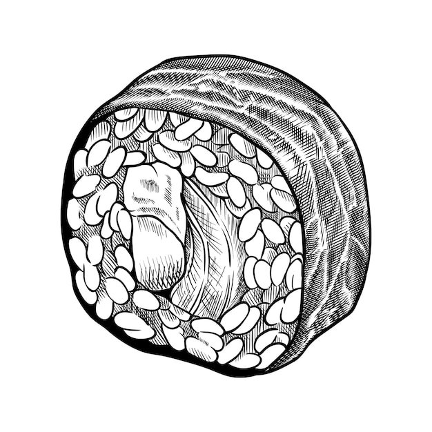 Суши-ролл с лососем, авокадо, сливочным сыром и нори. рисованная еда значок векторные иллюстрации