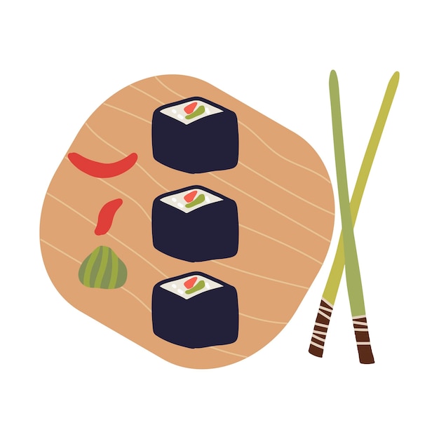 Rotolo di sushi con salmone e nori sulla piastra. illustrazione vettoriale disegnata a mano carina. cibo asiatico, cibo asiatico