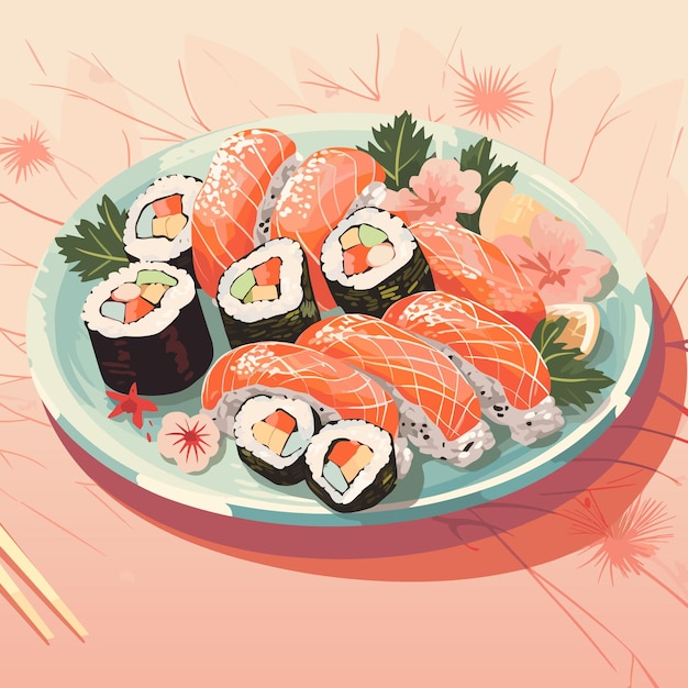 Sushi rolls Asian fish food set on the plate vector illustration