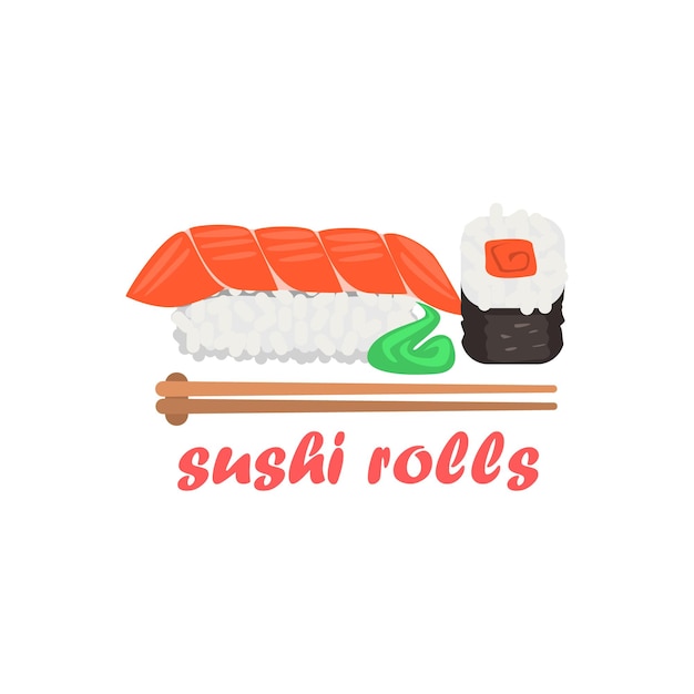 Vector sushi rolls cartoon style flat vector illustration on white background with text