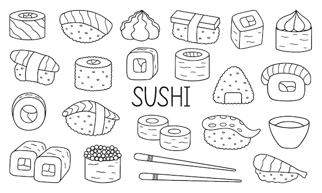 Sushi and rolls doodle set Japanese food in sketch style