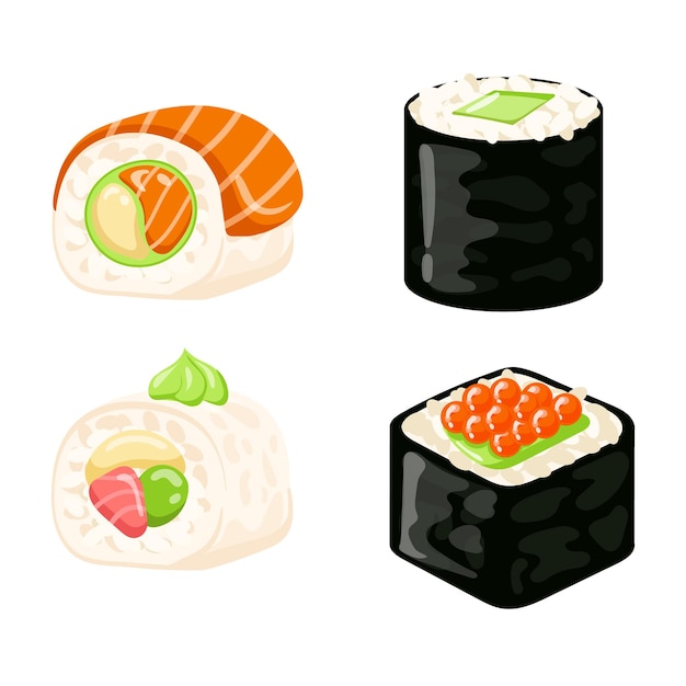 Sushi rolls elements voedsel zalm garnalen avocado roomkaas sushi menu japans eten geïsoleerd