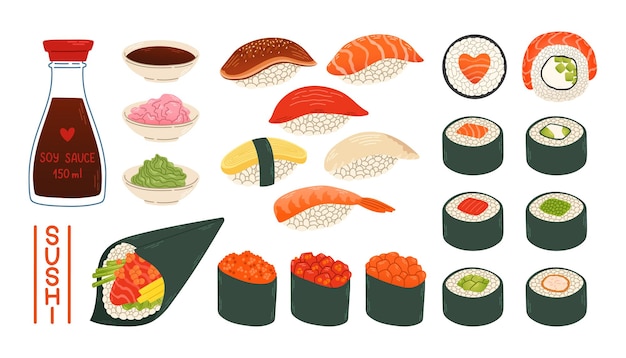 Sushi rolls gunkan temaki soy sauce ginger wasabi set japan asian food vector logo design pack