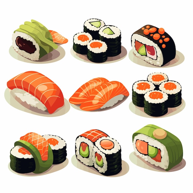 Sushi rolls Japanese seafood set Asia cuisine restaurant delicious Vector