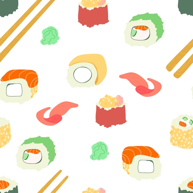 Sushi rolls pattern seamless Traditional Japanese food background Vector texture