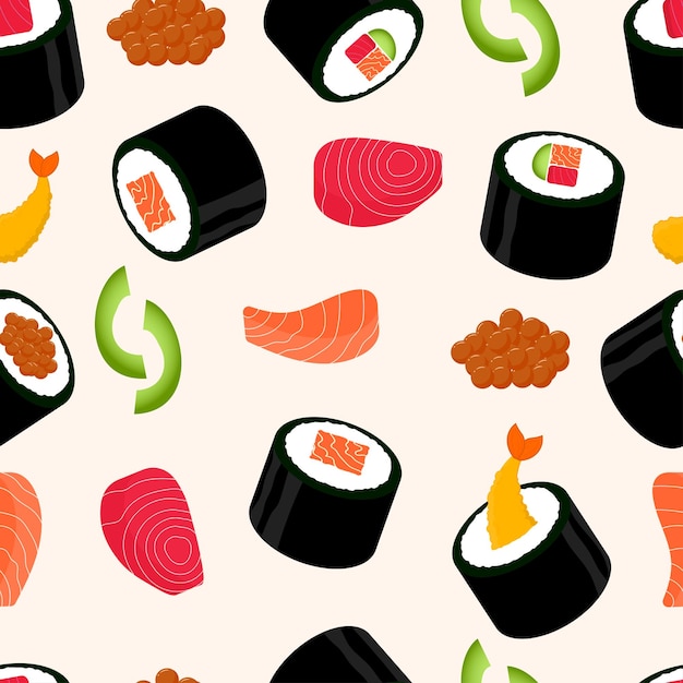 Sushi rolls seamless pattern with salmon, tuna, shrimp, avocado, and egg fish