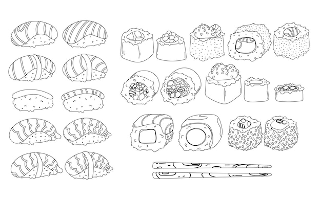 Sushi e panini in stile doodle piatti della cucina tradizionale giapponese nigiri temaki tamago sashimi uramaki futomaki disegno vettoriale isolato su sfondo bianco per il menu del ristorante asiatico