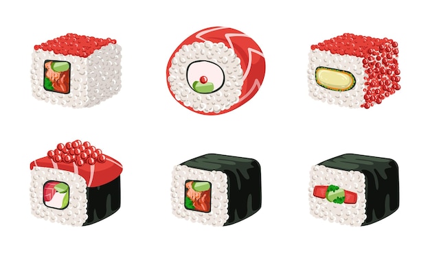 Set di rotoli di sushi cibo tradizionale giapponese deliziosi frutti di mare illustrazione vettoriale