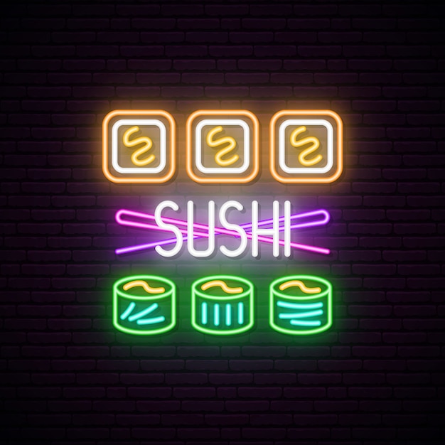 Vector sushi rolls with chopsticks neon signboard.