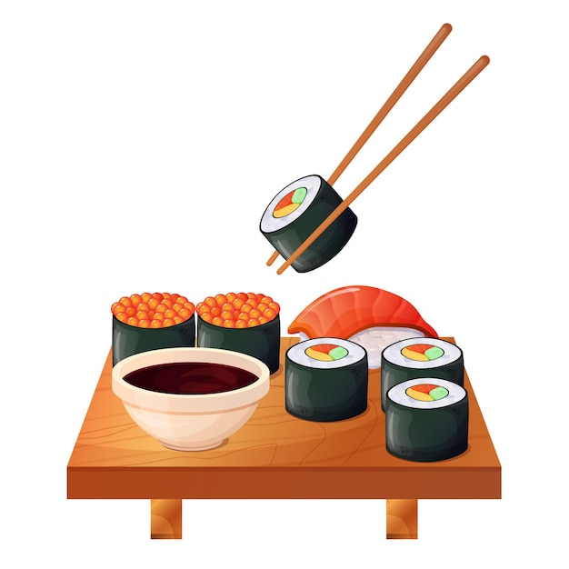 Sushi rolls with soy sauce and chopsticks on table Japanese cuisine in the restaurant Asian food