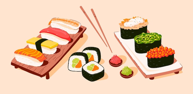 Sushi Sashimi set Traditional Japanese cuisine Asian food Vector illustration