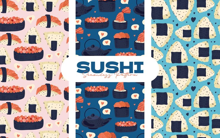 Vector sushi seamless pattern. japanese food background collection