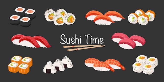 Sushi set. Asian food. Onigiri. Nigiri. Sushi roll. Social media banner.