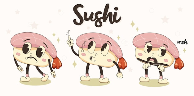 Vettore illustrazione del set di sushi in stile cartone animato retrò, lettere di sushi. diversi personaggi mascotte sushi