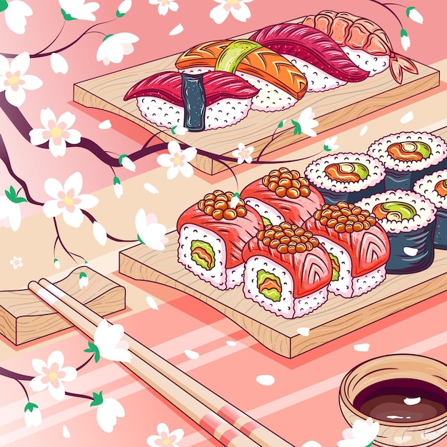 Sushi set Japanse zeevruchten vector Aziatisch restaurant eten op tafel Sushi set met stokjes sojasaus rijst met visfilet cartoon stijl Vector illustratie