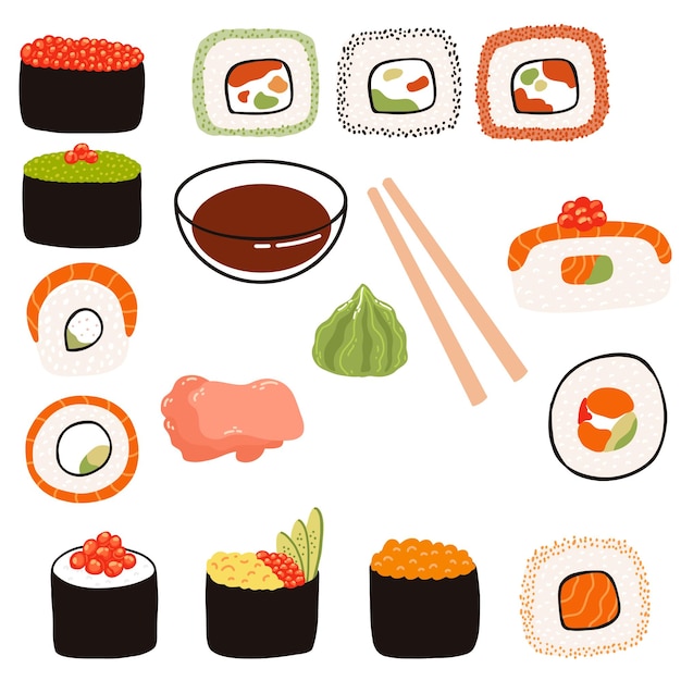 Sushi set met met sojasaus gember wasabi eetstokjes in vlakke stijl Handgetekende illustratie van Japanse traditionele keuken