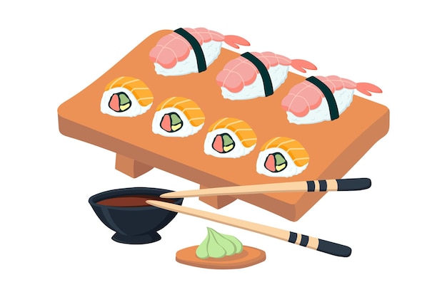 Vector sushi set met zalm en garnalen op een houten bord