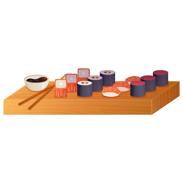 sushi set om a wooden board, Nigiri, maki, rolls, sushi, guncan, soy sauce and chopsticks.