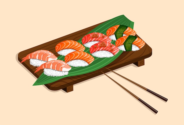 Суши на деревянном подносе с креветками, лососем, икрой тунца и листьями нори. векторные иллюстрации