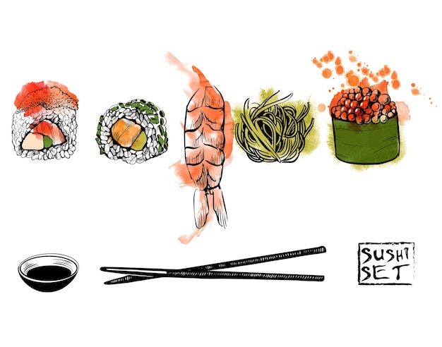 Sushi set. sketch and watercolor