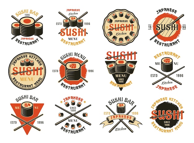 Sushi set van twaalf gekleurde vector emblemen, etiketten, insignes of logo's geïsoleerd op een witte achtergrond