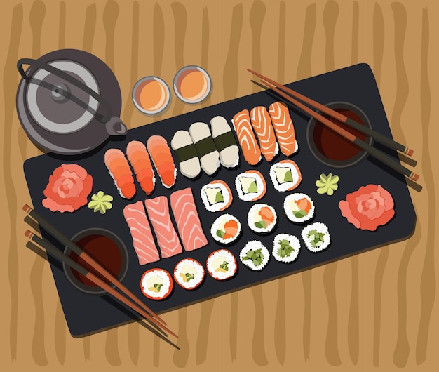 Vector sushi set on wooden table with tea