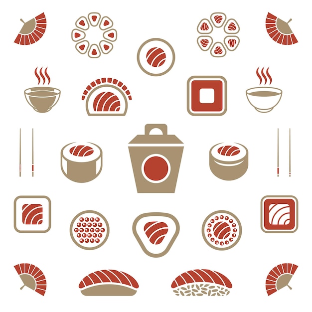 Vector sushi shop vector design elements set sea food silhouettes and icons isolated on white background objects and symbols for labels or badges japanese restaurant logos