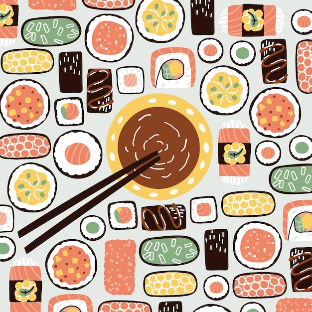寿司と醤油の伝統的な食べ物手描きのフラット スタイルのベクトル図